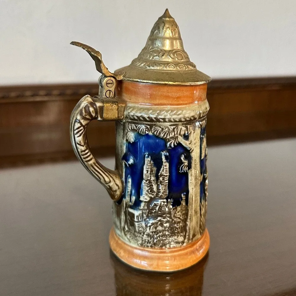 Vintage Miniature German Style Beer Stein Japan Cobalt Blue Relief Metal Lid 6
